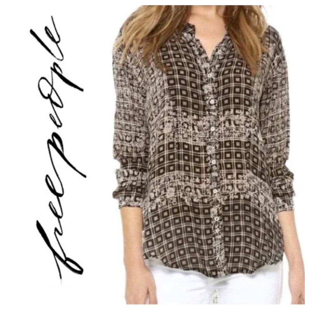 Free People Caravan Shirt Long Sleeve Lightweight Beige and Black Small